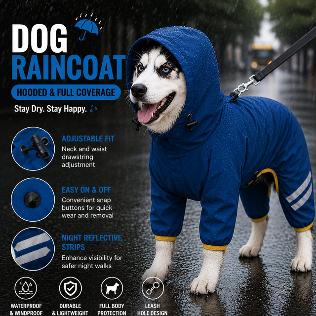 Blue Waterproof Full Body Dog Raincoat with Adjustable Hood & Waist, Easy Snap Closure and Hidden Leash Opening - Lightweight Four-Leg Reflective Pet Rain Suit for Small Medium Large Dogs, XL Size