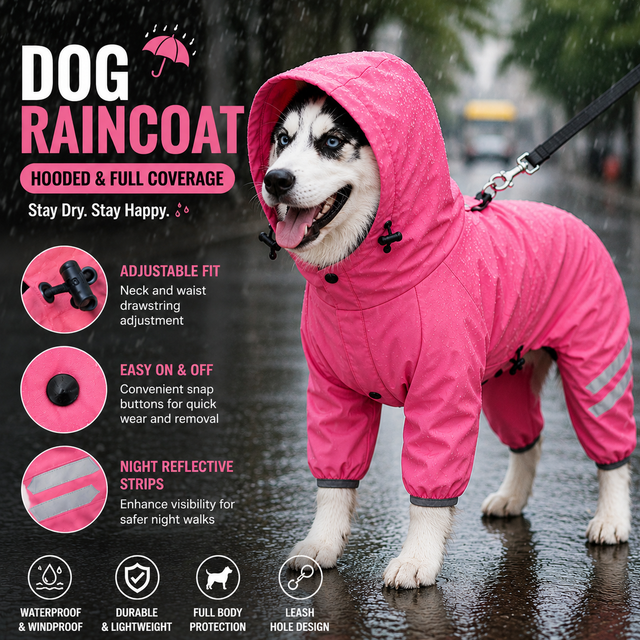 Pink Waterproof Full Body Dog Raincoat with Adjustable Hood & Waist, Easy Snap Closure and Hidden Leash Opening - Lightweight Four-Leg Reflective Pet Rain Suit for Small Medium Large Dogs, M Size