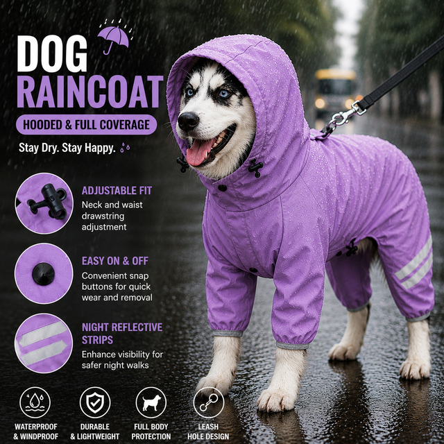Purple Waterproof Full Body Dog Raincoat with Adjustable Hood & Waist, Easy Snap Closure and Hidden Leash Opening - Lightweight Four-Leg Reflective Pet Rain Suit for Small Medium Large Dogs, L Size