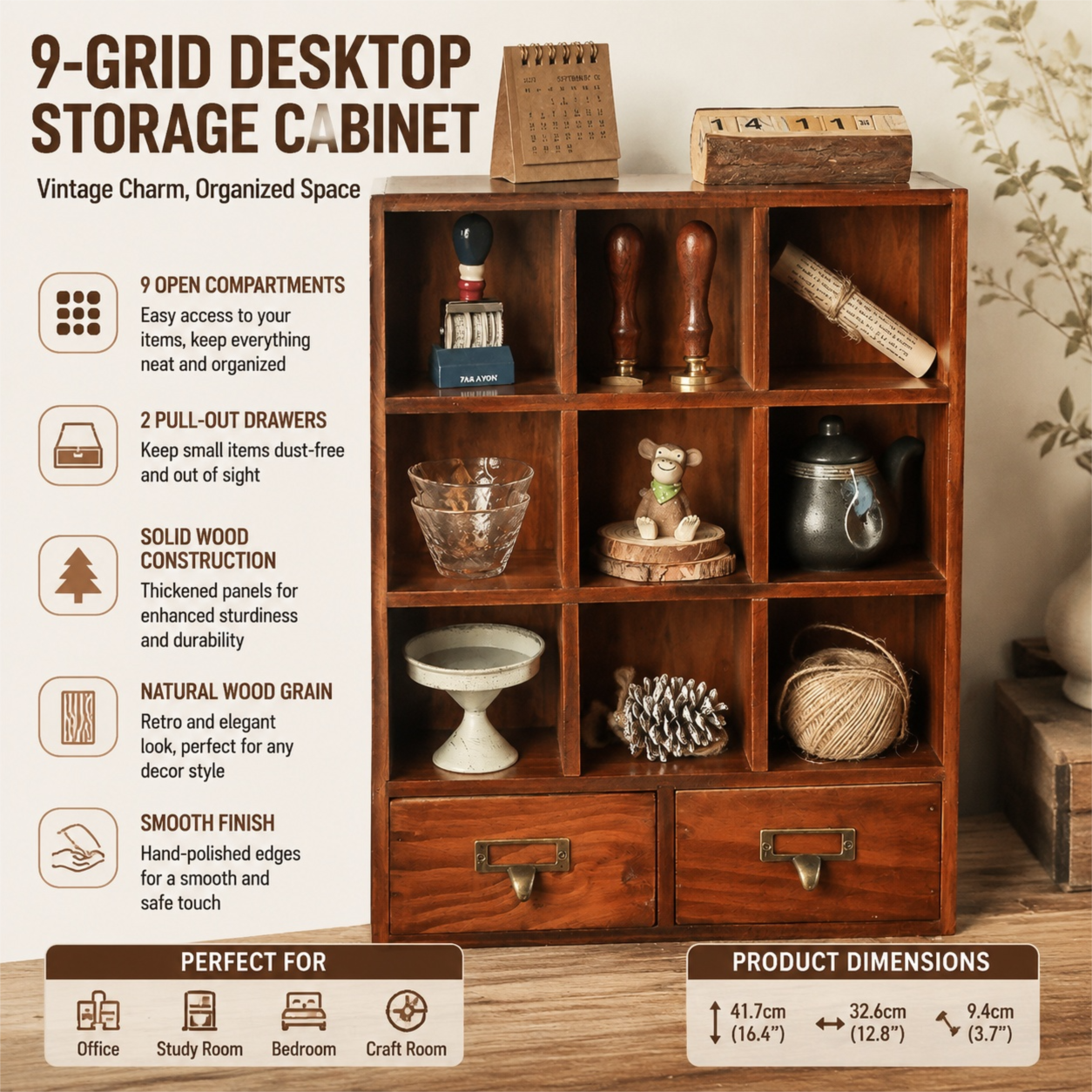 Vintage Wooden 9-Grid Open Desktop Organizer with Double Drawers and Durable Metal Handle – Handcrafted Retro Storage Cabinet and Decorative Lifestyle Piece for Office & Home