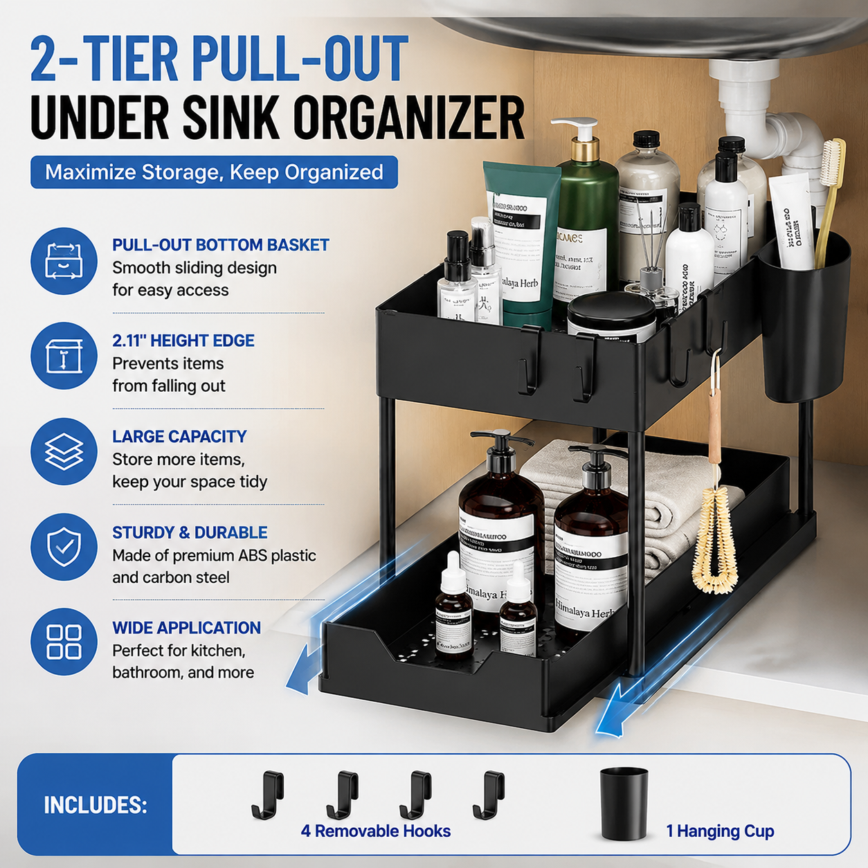 Black Under Sink Organizer with Pull-Out Drawer, 4 Hooks and Hanging Cup - 2 Tier Cabinets Storage Rack for Kitchen & Bathroom, Tool-Free Assembly, Fits Full-Size Cleaning Supplies & Toiletries, Space Saving