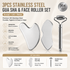 3-Piece Stainless Steel Scraping Board & Facial Massage Roller Set with Large Heart-Shaped Gua Sha Board, Gear Lip-Shaped Facial Gua Sha Plate and Round Handle Beauty Roller