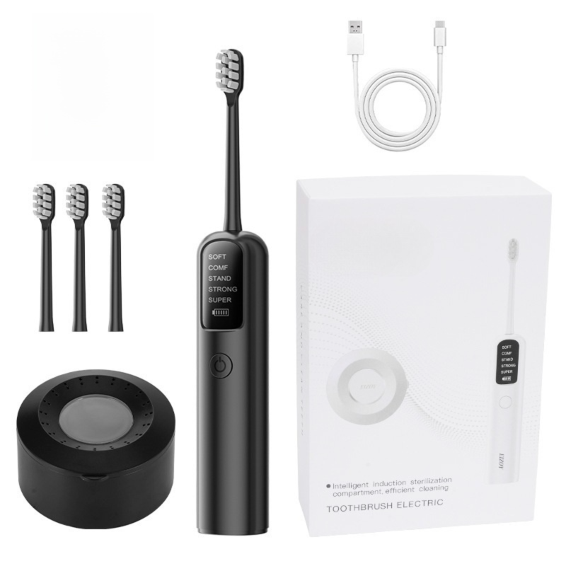 Black Rechargeable Dual-Action Vibration & 45° Scientific Sweep Cleaning Electric Toothbrush with 5 Brushing Modes, 4 Brush Head and Storage Base - Smart 2 Min Timer and 30s Quad Reminder, High-Density Rounded Bristles and 3D Precision Brush Head Design
