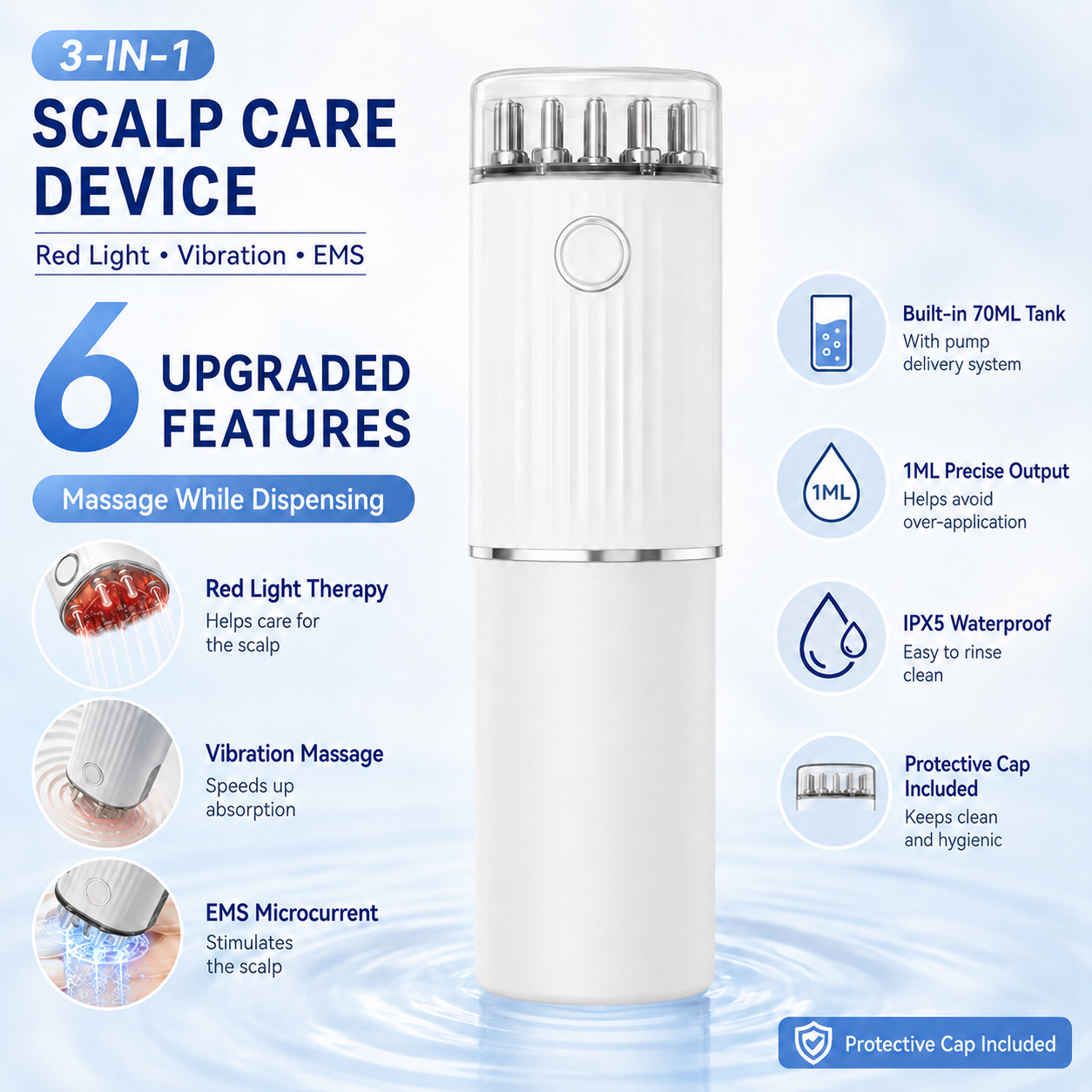 Red Light EMS Scalp Massager and Electric Hair Growth Comb with Microcurrent Vibration, 70ML Liquid Storage Bottle, LED Therapy and Precise Liquid Pump Delivery System – Hair & Scalp Care Wireless Rechargable Device