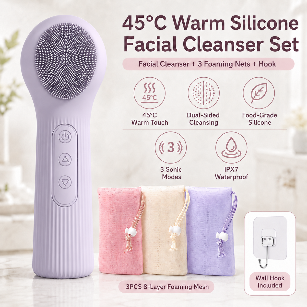 Purple 45°C Constant Heating Silicone Facial Cleansing Brush and 3pcs 8-Layer Fine Foaming Nets Set - Electric Sonic Face Scrubber with Dual-Sided Cleaning Surface & 3-Speed Vibration Massage, IPX7 Waterproof Skincare Absorption and Massage Device