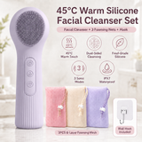 Purple 45°C Constant Heating Silicone Facial Cleansing Brush and 3pcs 8-Layer Fine Foaming Nets Set - Electric Sonic Face Scrubber with Dual-Sided Cleaning Surface & 3-Speed Vibration Massage, IPX7 Waterproof Skincare Absorption and Massage Device