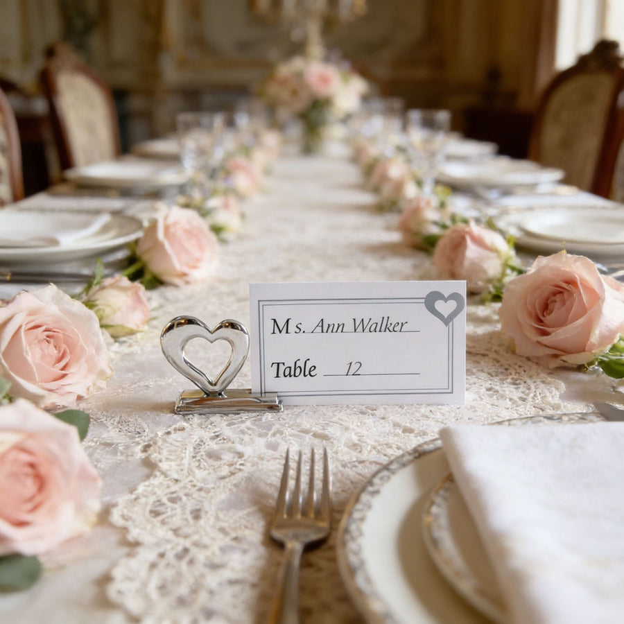 10-Pack Silver Plated Alloy Place Card Holders with Hollowed-Out Heart Designs, Elegant Wedding Reception Seating Card Clips for Banquets, Parties and Events