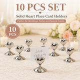 10-Pack Silver Plated Alloy Place Card Holders with Soild Heart Designs, Elegant Wedding Reception Seating Card Clips for Banquets, Parties and Events