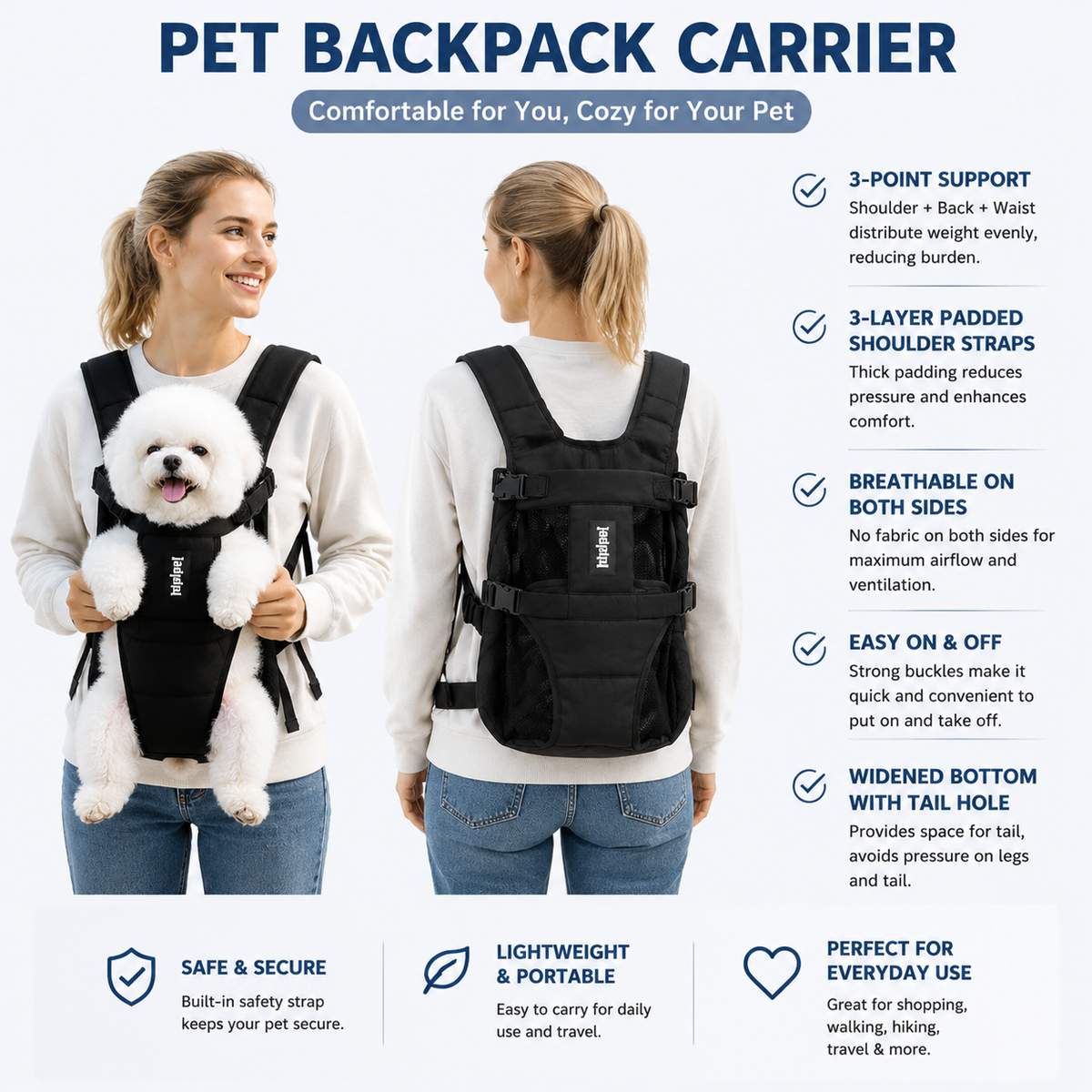 Black Hands Free Adjustable Dog Carrier Backpack with 3-Point Support, Reserved Tail Opening and Wide Padded Straps - Chest & Back Dual Use, Breathable on Both Sides and Quick-release Safety Buckles for Walking Bike Travel Outdoor Use, S Size