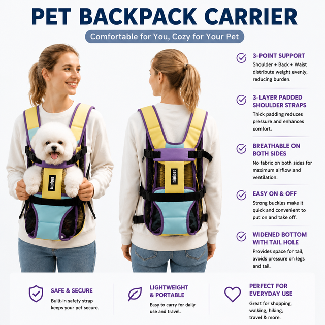 Yellow Purple Hands Free Adjustable Dog Carrier Backpack with 3-Point Support, Reserved Tail Opening and Wide Padded Straps - Chest & Back Dual Use, Breathable on Both Sides and Quick-release Safety Buckles for Walking Bike Travel Outdoor Use, S Size