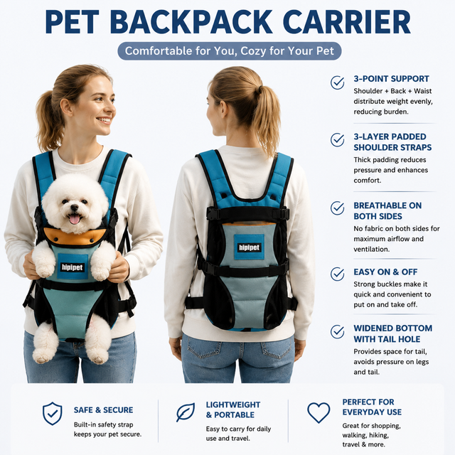 Blue Hands Free Adjustable Dog Carrier Backpack with 3-Point Support, Reserved Tail Opening and Wide Padded Straps - Chest & Back Dual Use, Breathable on Both Sides and Quick-release Safety Buckles for Walking Bike Travel Outdoor Use, S Size