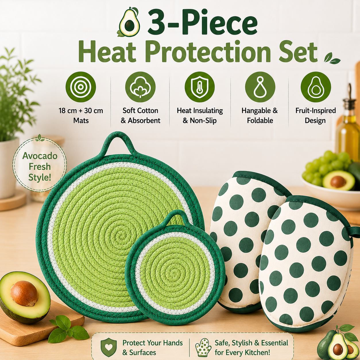 3-Piece Avocado Inspired Kitchen Heat Resistant Set with 18cm & 30cm Round Cotton Rope Woven Trivets + 1 Pair Duckbill Oven Mitt - Foldable Table Protection Mats and Green Polka Dot Cooking Gloves, Perfect for Home Baking and Cooking Lover