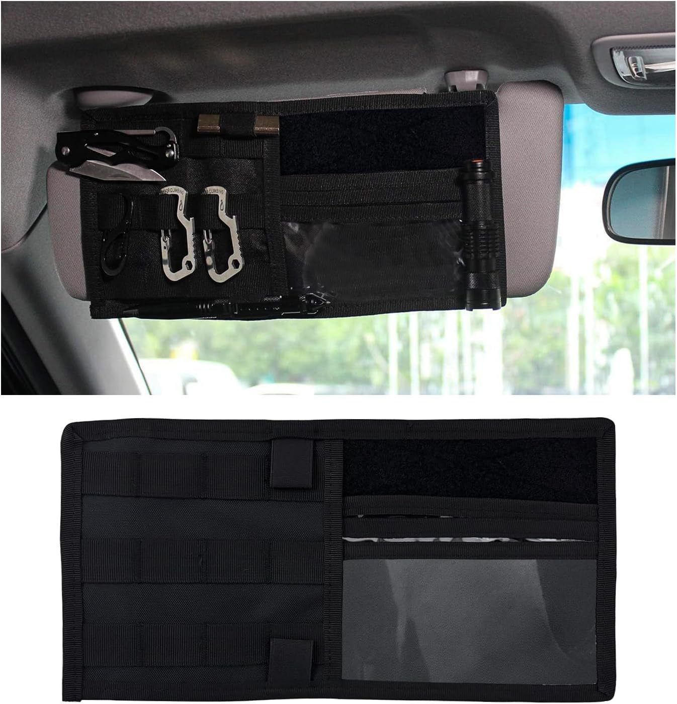 Black Tactical Molle Car Sun Visor Organizer Panel – Durable Nylon Vehicle Storage Pouch with Adjustable Buckle, Loop Panelled EDC Pockets and Pen Sheath for Cars, Trucks, SUVs and Daily Driving Essentials