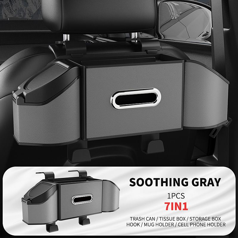 Soothing Gray Multifunctional Car Seat Back Storage Boxand Trash Can – PVC Leather Vehicle Hanging Organizer with Tissue Box Holder, Cup Holder, Phone Stand and Dual Hooks for Tidy Daily Commuting & Road Trip