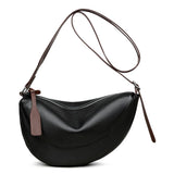 Black Stylish Genuine Leather Crescent Shape Shoulder Bag for Women – Compact Grained Cowhide Adjustable Crossbody Handbag with Spacious Zipper Compartment and Leather Puller, 28 x 18 x 9 CM