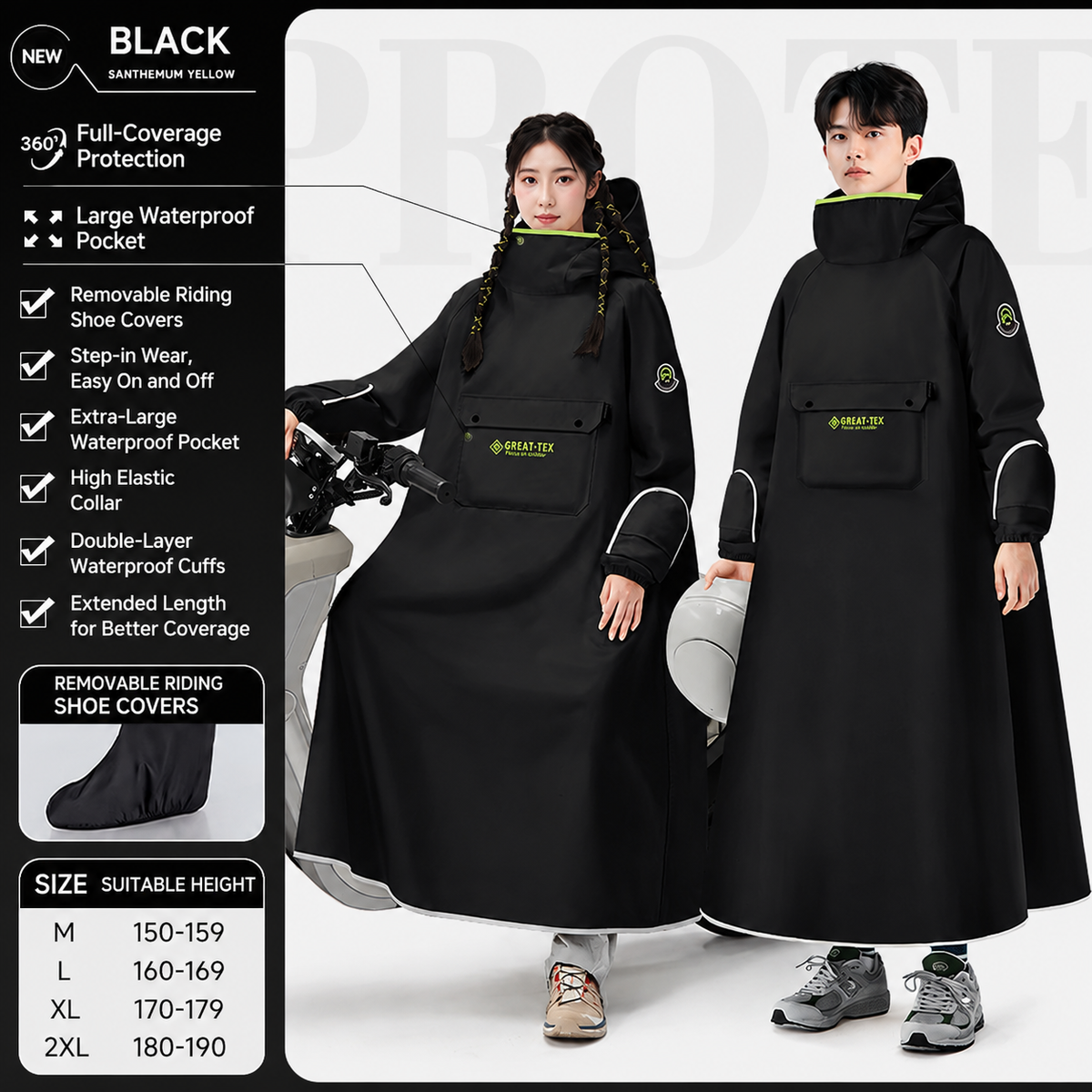 Black Full Coverage & Extended Cycling Hooded Rain Poncho with Detachable Shoe Covers, XL Size – Thickened Waterproof Oxford Motorcycle Raincoat with Face-Protection Elastic Collar, Large Storage Pocket and Foldable Sleeve Cover for Men Women Outdoor Use