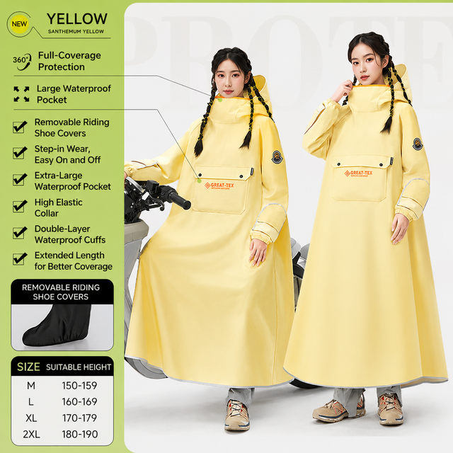 Yellow Full Coverage & Extended Cycling Hooded Rain Poncho with Detachable Shoe Covers, 2XL Size – Thickened Waterproof Oxford Motorcycle Raincoat with Face-Protection Elastic Collar, Large Storage Pocket and Foldable Sleeve Cover for Men Women Outdoor Us