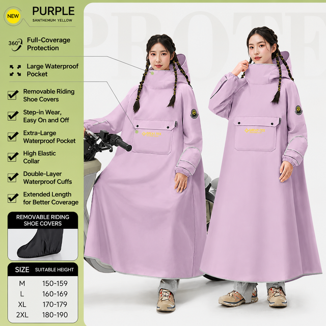 Purple Full Coverage & Extended Cycling Hooded Rain Poncho with Detachable Shoe Covers, XL Size – Thickened Waterproof Oxford Motorcycle Raincoat with Face-Protection Elastic Collar, Large Storage Pocket and Foldable Sleeve Cover for Men Women Outdoor Use