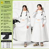 White Full Coverage & Extended Cycling Hooded Rain Poncho with Detachable Shoe Covers, XL Size – Thickened Waterproof Oxford Motorcycle Raincoat with Face-Protection Elastic Collar, Large Storage Pocket and Foldable Sleeve Cover for Men Women Outdoor Use