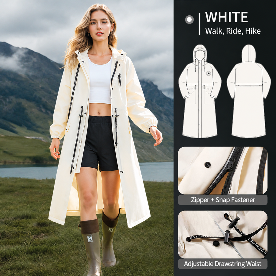 White Full-Cover Hooded EVA Raincoat, Long Trench Coat Waterproof Rain Poncho with Adjustable Waist & Collar Drawstring, Zipper & Snap Windproof Closure, Extended Clear Brim and Covered Pockets for Dailywear Cycling Hiking Camping Use, M Size