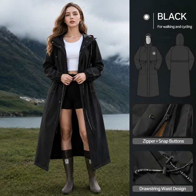 Black Full-Cover Hooded EVA Raincoat, Long Trench Coat Waterproof Rain Poncho with Adjustable Waist & Collar Drawstring, Zipper & Snap Windproof Closure, Extended Clear Brim and Covered Pockets for Dailywear Cycling Hiking Camping Use, XL Size