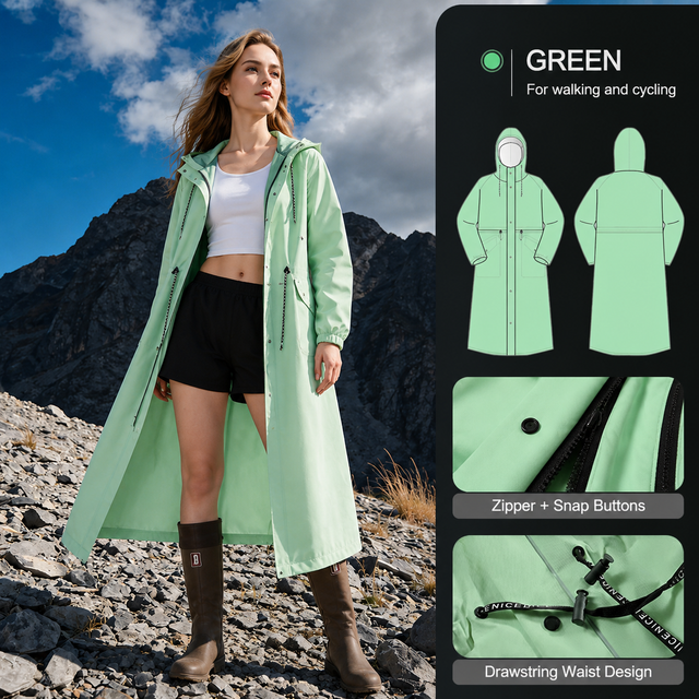Green Full-Cover Hooded EVA Raincoat, Long Trench Coat Waterproof Windproof Rain Poncho with Adjustable Waist & Collar Drawstring, Extended Clear Brim and Covered Pockets for Dailywear Cycling Hiking Camping Use, L Size