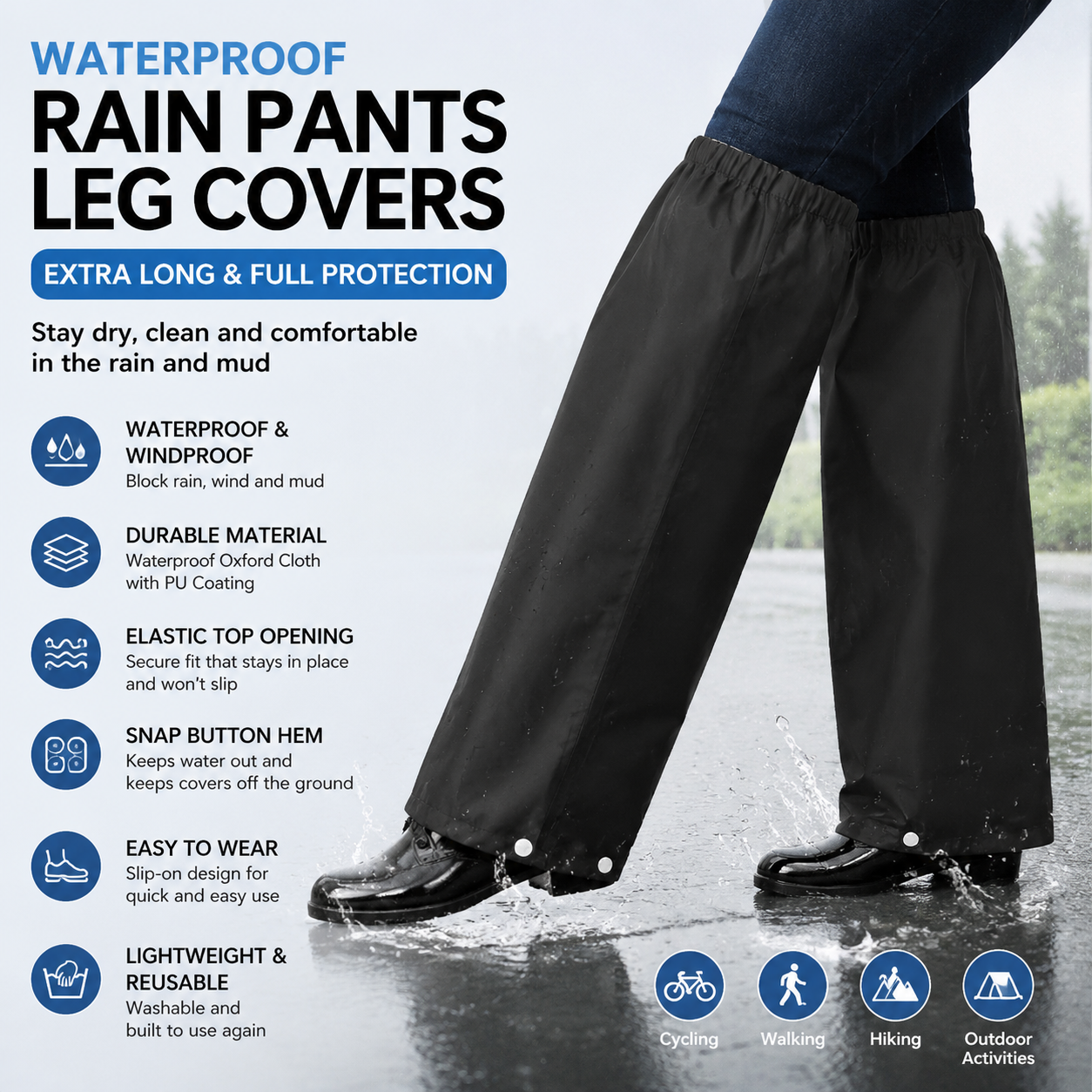 Black Waterproof Rain Leg Covers and Long Half Rain Pants, Quick Pull-On with Adjustable Elastic Top & Snap Closure Cuffs – Lightweight & Reusable, Windproof & Mudproof for Commuting, Cycling, Garden and Outdoor Activities (1 Pair 3XL)