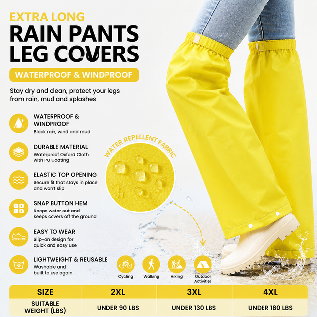 Yellow Waterproof Rain Leg Covers and Long Half Rain Pants, Quick Pull-On with Adjustable Elastic Top & Snap Closure Cuffs – Lightweight & Reusable, Windproof & Mudproof for Commuting, Cycling, Garden and Outdoor Activities (1 Pair 3XL)