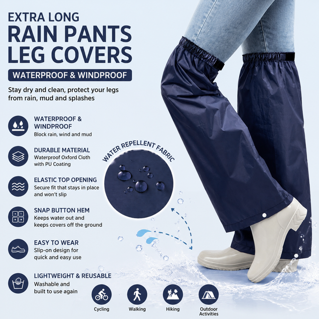 Navy Blue Waterproof Rain Leg Covers and Long Half Rain Pants, Quick Pull-On with Adjustable Elastic Top & Snap Closure Cuffs – Lightweight & Reusable, Windproof & Mudproof for Commuting, Cycling, Garden and Outdoor Activities (1 Pair 3XL)