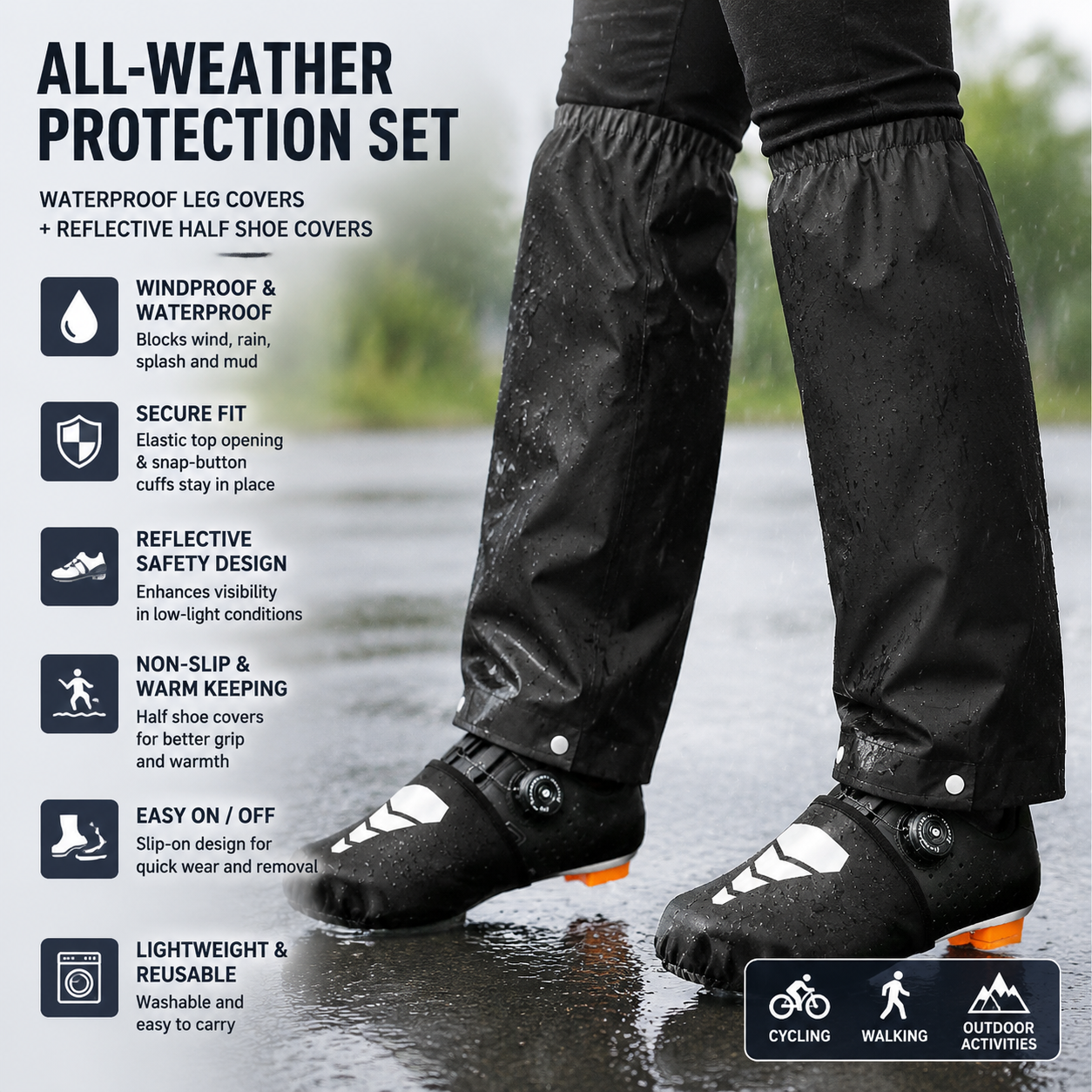 Black Waterproof Rain Leg Covers and Long Half Rain Pants, Quick Pull-On with Adjustable Elastic Top & Snap Closure Cuffs – Lightweight & Reusable, Windproof & Mudproof for Commuting, Cycling, Garden and Outdoor Activities (1 Pair 4XL)