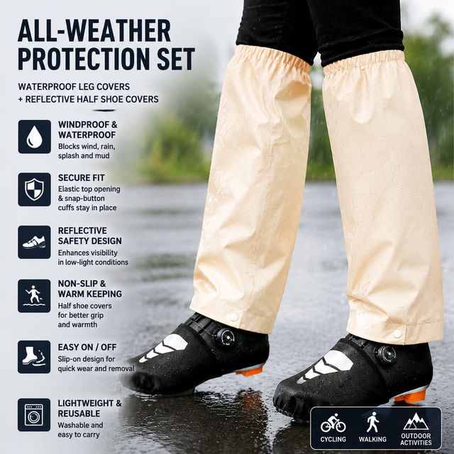 Beige Waterproof Windproof Cycling Shoe Covers & Long Half Rain Pants Set – 2 Pairs Nonslip Reflective Half Toe Shoe Covers and 1 Pair Quick Pull-On Adjustable Leg Covers 3XL for Commuting, Hiking and Outdoor Riding