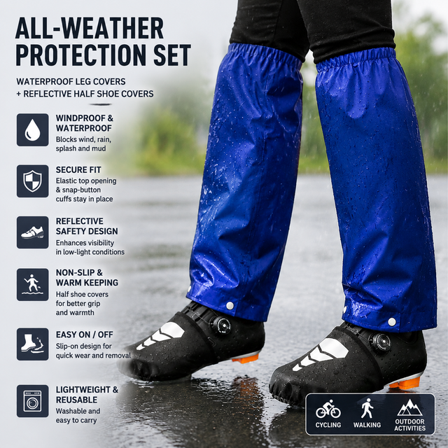 Royal Blue Waterproof Windproof Cycling Shoe Covers & Long Half Rain Pants Set – 2 Pairs Nonslip Reflective Half Toe Shoe Covers and 1 Pair Quick Pull-On Adjustable Leg Covers 3XL for Commuting, Hiking and Outdoor Riding