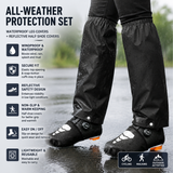 Black Waterproof Windproof Cycling Shoe Covers & Long Half Rain Pants Set – 2 Pairs Nonslip Reflective Half Toe Shoe Covers and 1 Pair Quick Pull-On Adjustable Leg Covers 4XL for Commuting, Hiking and Outdoor Riding