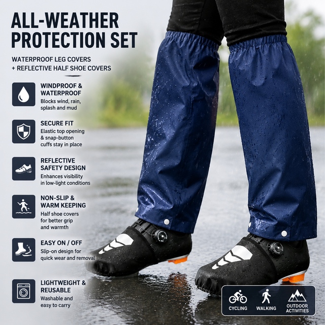 Navy Blue Waterproof Windproof Cycling Shoe Covers & Long Half Rain Pants Set – 2 Pairs Nonslip Reflective Half Toe Shoe Covers and 1 Pair Quick Pull-On Adjustable Leg Covers 4XL for Commuting, Hiking and Outdoor Riding