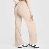 L Size Apricot High Waisted Flare Yoga Pants for Women - M-Shaped Peach Hip Lifting Wide-Leg Workout Trousers with Soft & Skin Feel Four Way Stretch Fabric, Breathable & Quick Dry