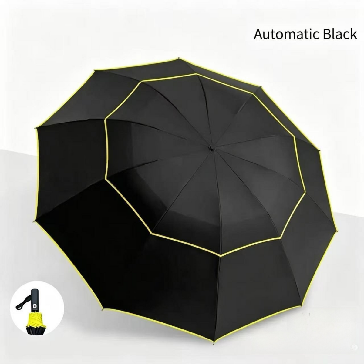 Black Compact 3-Folding Automatic Golf Umbrella, 42 Inch Large Coverage Double Canopy with 10 Steel Windproof Ribs, Waterproof Impact Cloth for Men and Women, Outdoor Sports Sun & Rain Protection