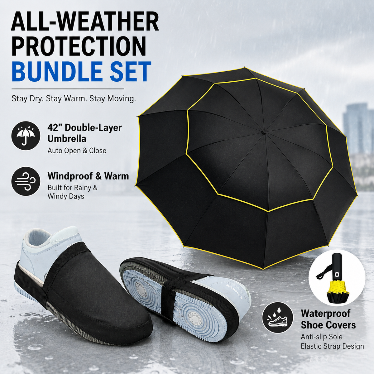 Black Compact 3-Fold Automatic Golf Umbrella (Dia 42 Inch) + Waterproof Thermal Half Shoe Covers (L Size) with Anti Slip Elastic Strap– Windproof & Stainproof Full Body Rain Protection Kit for Golf, Cycling and Outdoor Activities