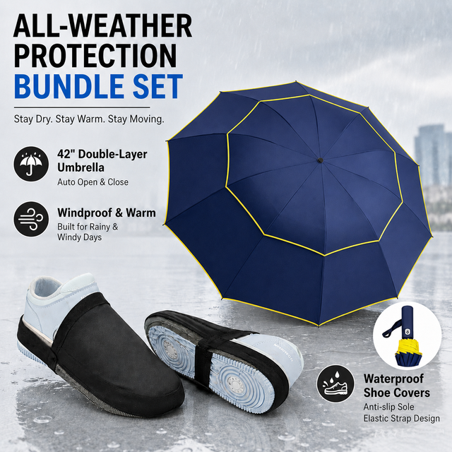 Navy Blue Compact 3-Fold Automatic Golf Umbrella (Dia 42 Inch) + Waterproof Thermal Half Shoe Covers (S Size) with Anti Slip Elastic Strap– Windproof & Stainproof Full Body Rain Protection Kit for Golf, Cycling and Outdoor Activities