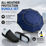 Navy Blue Compact 3-Fold Automatic Golf Umbrella (Dia 42 Inch) + Waterproof Thermal Half Shoe Covers (M Size) with Anti Slip Elastic Strap– Windproof & Stainproof Full Body Rain Protection Kit for Golf, Cycling and Outdoor Activities