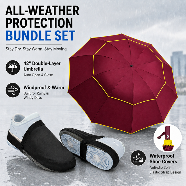 Wine Red Compact 3-Fold Automatic Golf Umbrella (Dia 42 Inch) + Waterproof Thermal Half Shoe Covers (S Size) with Anti Slip Elastic Strap– Windproof & Stainproof Full Body Rain Protection Kit for Golf, Cycling and Outdoor Activities