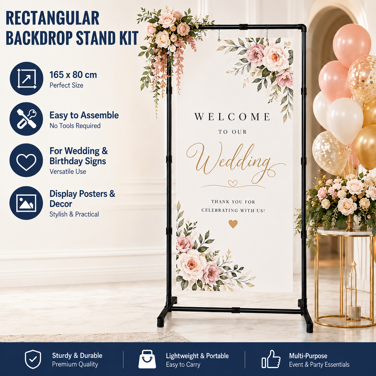 Black Square Backdrop Display Stand, Adjustable Display Rack, Flexible DIY Modular Frame and Easy Installation for Wedding Ceremony, Birthday Party, Banner Sign, Poster and Event Deco