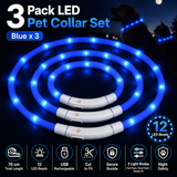 3PCS Blue USB Rechargeable LED Pet Collar Set – 70cm Cuttable Silicone Glow Dog Collar with 12 LED Beads, 3 Flash Modes and Secure Buckle Design, Night Safety Glow Necklace for Dogs and Cats Walking