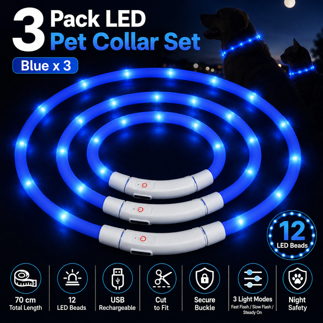 3PCS Blue USB Rechargeable LED Pet Collar Set – 70cm Cuttable Silicone Glow Dog Collar with 12 LED Beads, 3 Flash Modes and Secure Buckle Design, Night Safety Glow Necklace for Dogs and Cats Walking