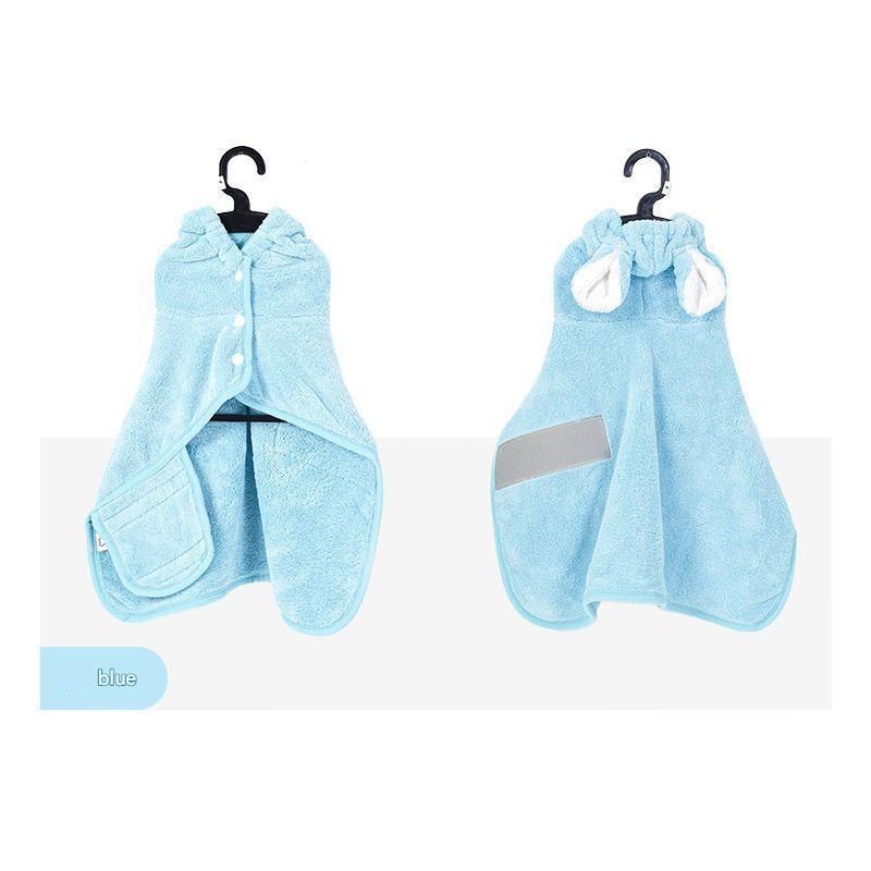 Blue L size Pet Drying Robe with Hood - Quick Dry Coral Fleece Towel for Dogs and Cats, Super Absorbent Bathrobe with Cute Rabbit Ears, Adjustable Fit for All Sizes, Easy to Wear and Machine Washable
