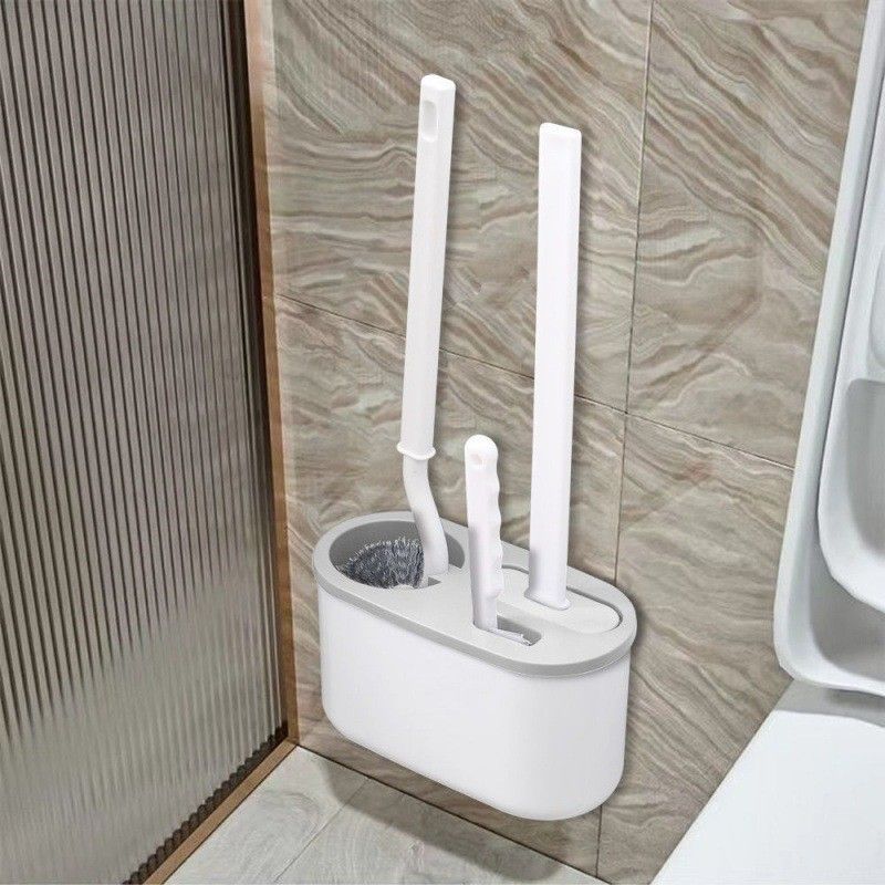 White Toilet Brush Set with Holder - 3-in-1 Wall Mounted Bathroom Cleaning Kit, TPR Soft Bristle & 360° Globe Brush, No-Drill Adhesive Base, Space Saving Design for Home, Apartment, Rental