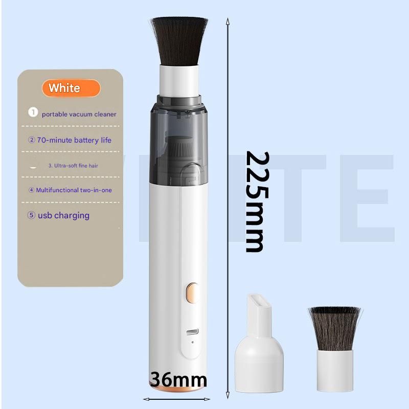 White Portable Handheld Car Vacuum Cleaner - Rechargeable Mini Dust Collector with Soft Bristle Brush and Particle Nozzle for Car Interiors, Desktops, Keyboards, and Home Use - Wireless Design with Type-C Charging