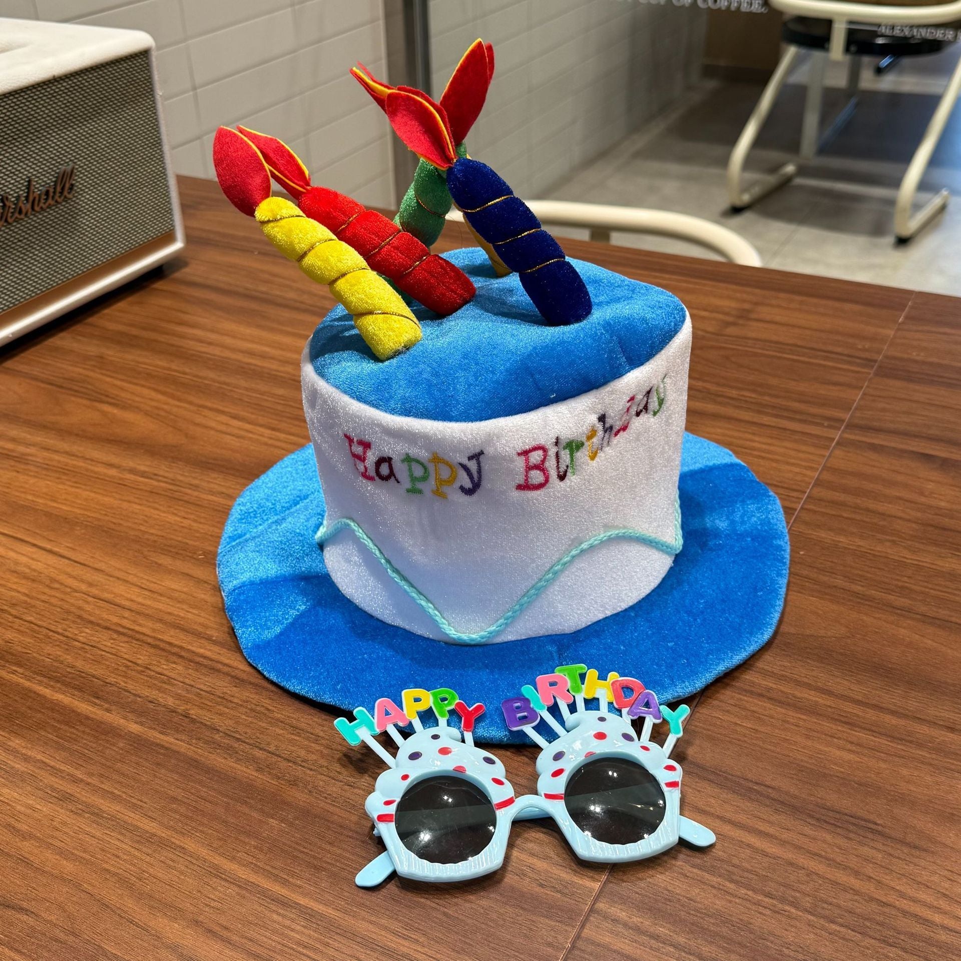 2-piece Blue Plush Birthday Cake Hat Set - Novelty Party Accessory with Matching Glasses, Fun Photo Prop for Adults and Kids