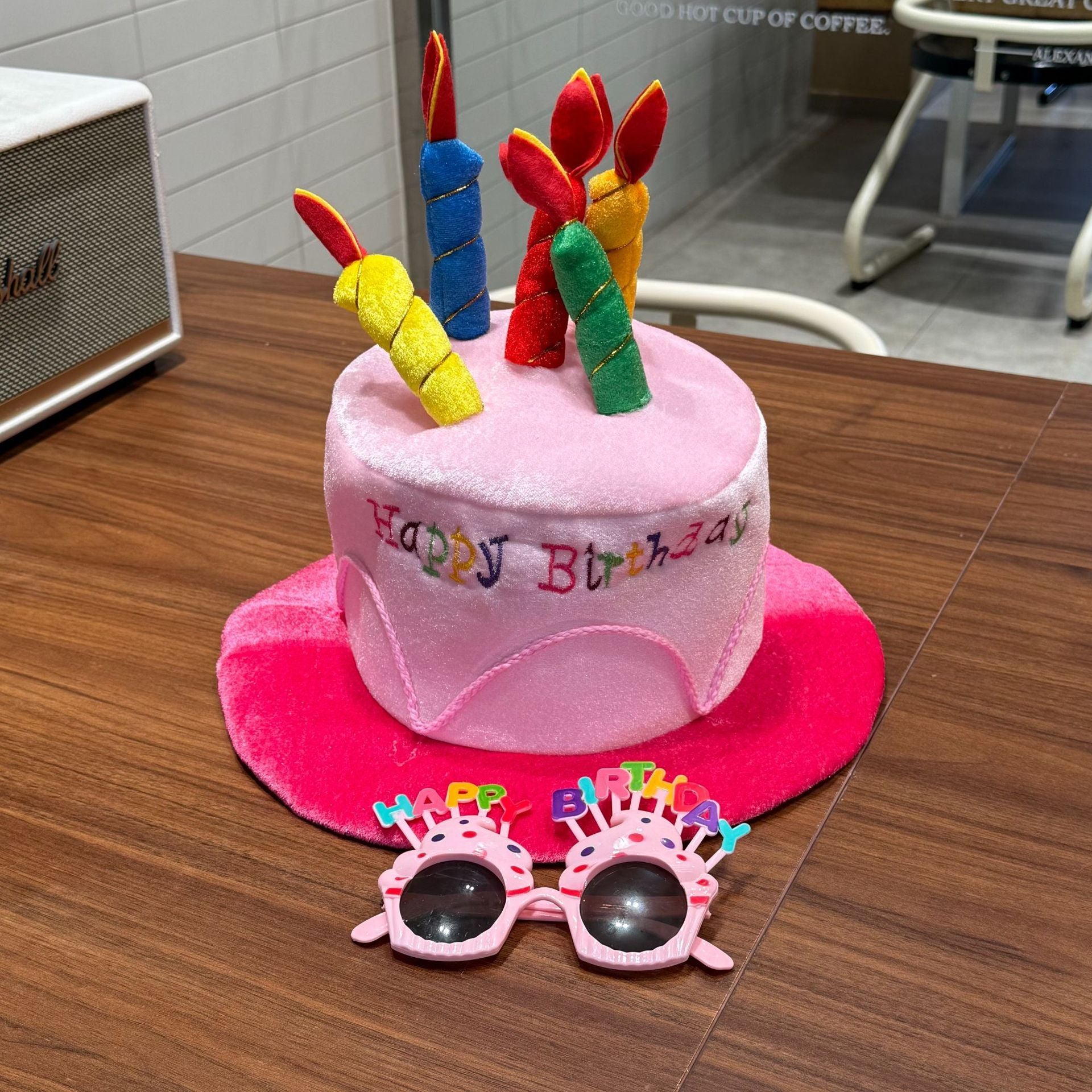 2-piece Pink Plush Birthday Cake Hat Set - Novelty Party Accessory with Matching Glasses, Fun Photo Prop for Adults and Kids