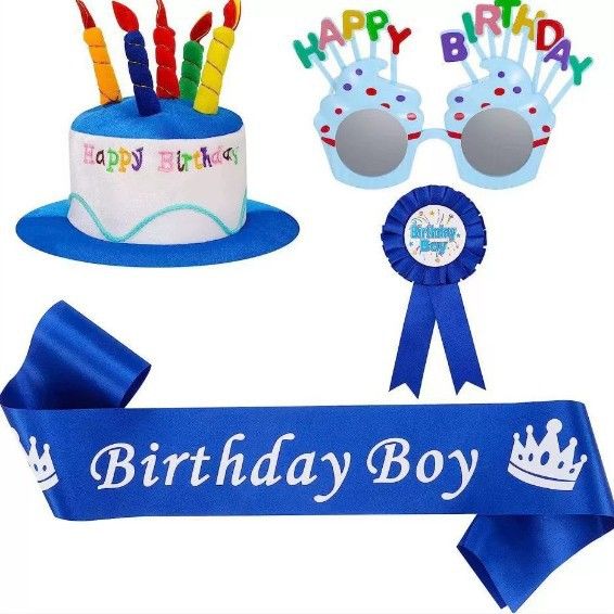 4-piece Blue Plush Birthday Cake Hat Set - Novelty Party Accessory with Matching Glasses and Medals and Shoulder Straps, Fun Photo Prop for Adults and Kids