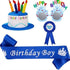 4-piece Blue Plush Birthday Cake Hat Set - Novelty Party Accessory with Matching Glasses and Medals and Shoulder Straps, Fun Photo Prop for Adults and Kids